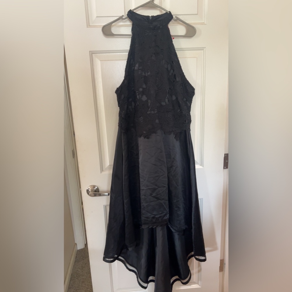 Black lace and silk high/low dress
